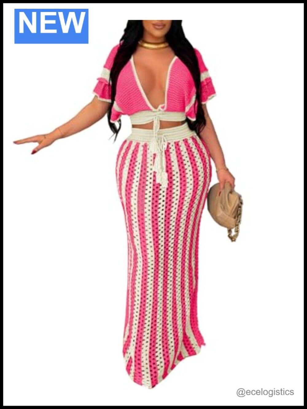 2 Piece Knit Skirt Set Women Crochet Crop Top Maxi Skirt Vacation Outfit